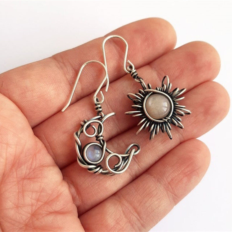 Vintage Moonstone Asymmetric Sun Moon Earrings