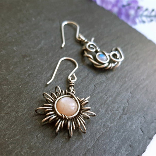 Vintage Moonstone Asymmetric Sun Moon Earrings