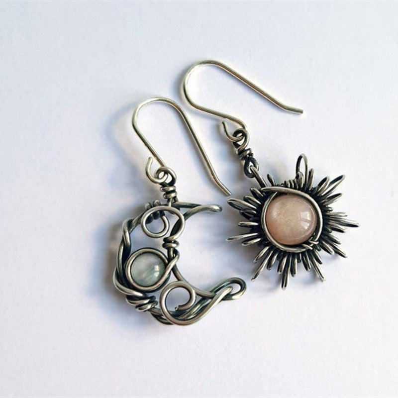 Vintage Moonstone Asymmetric Sun Moon Earrings